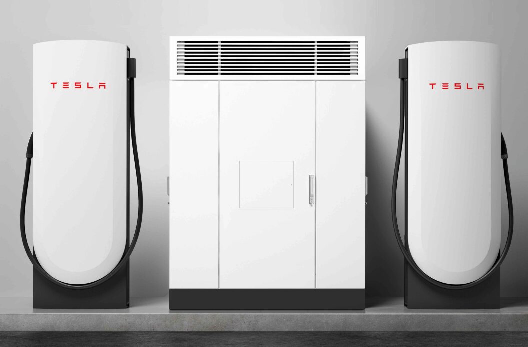 Tesla Supercharger station with multiple commercial EV fast charging stalls