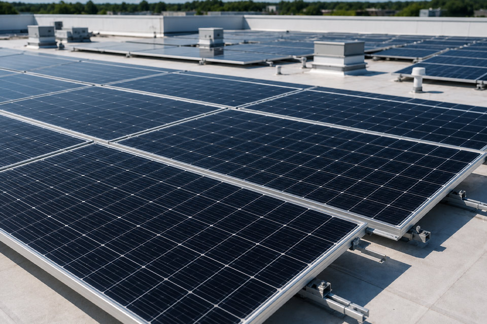 Commercial solar panels installed on a business property