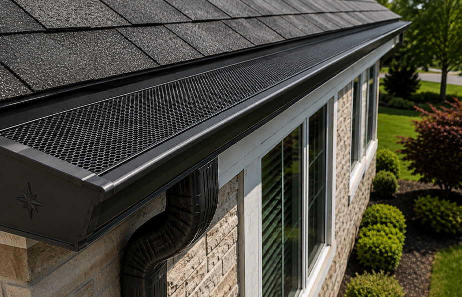 Seamless gutter with a gutter guard beneath roof shingles