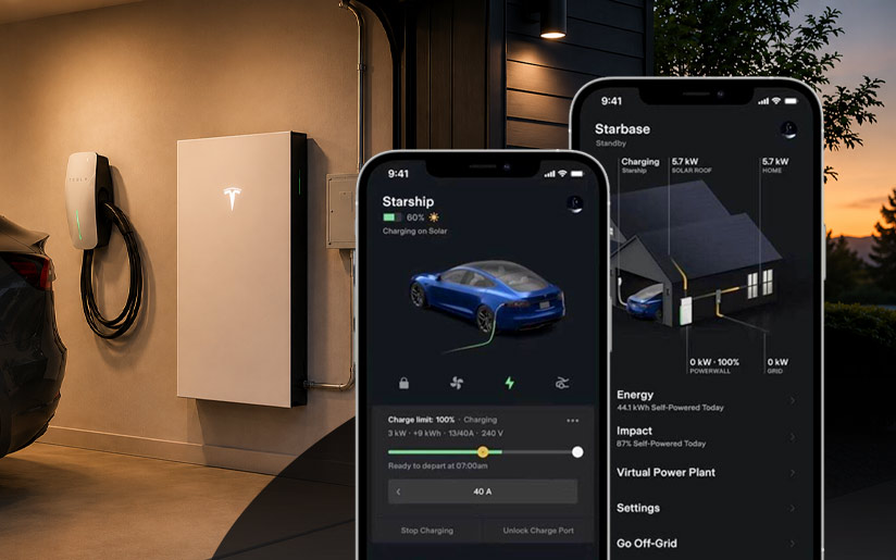 Tesla app showing vehicle charging and home energy monitoring