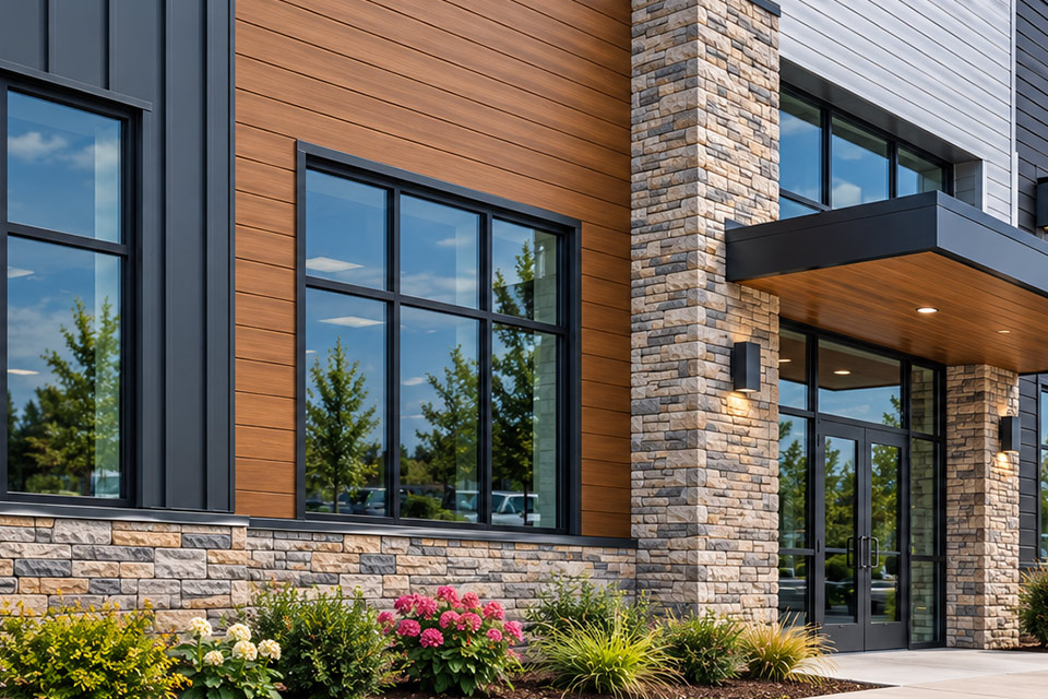 Commercial siding on a modern retail center with multiple storefronts